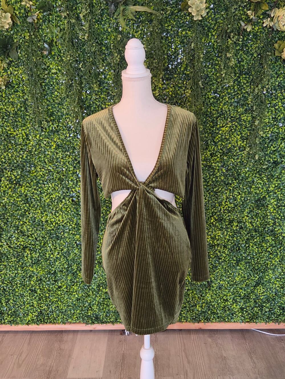 Olive green ribbed velvet mini dress